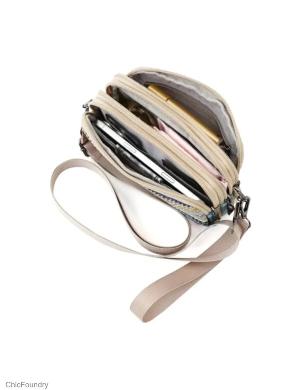 3-Zip Woven Straw Wristlet Crossbody Phone Purse